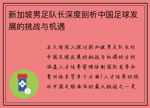 新加坡男足队长深度剖析中国足球发展的挑战与机遇